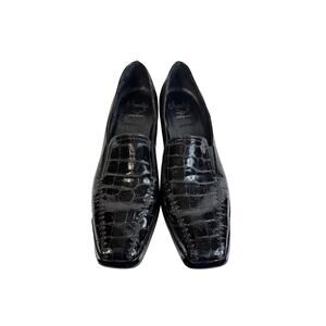 Amalfi Black Crocodile Embosses Patent Leather Loafers Slip On Italy 9.5